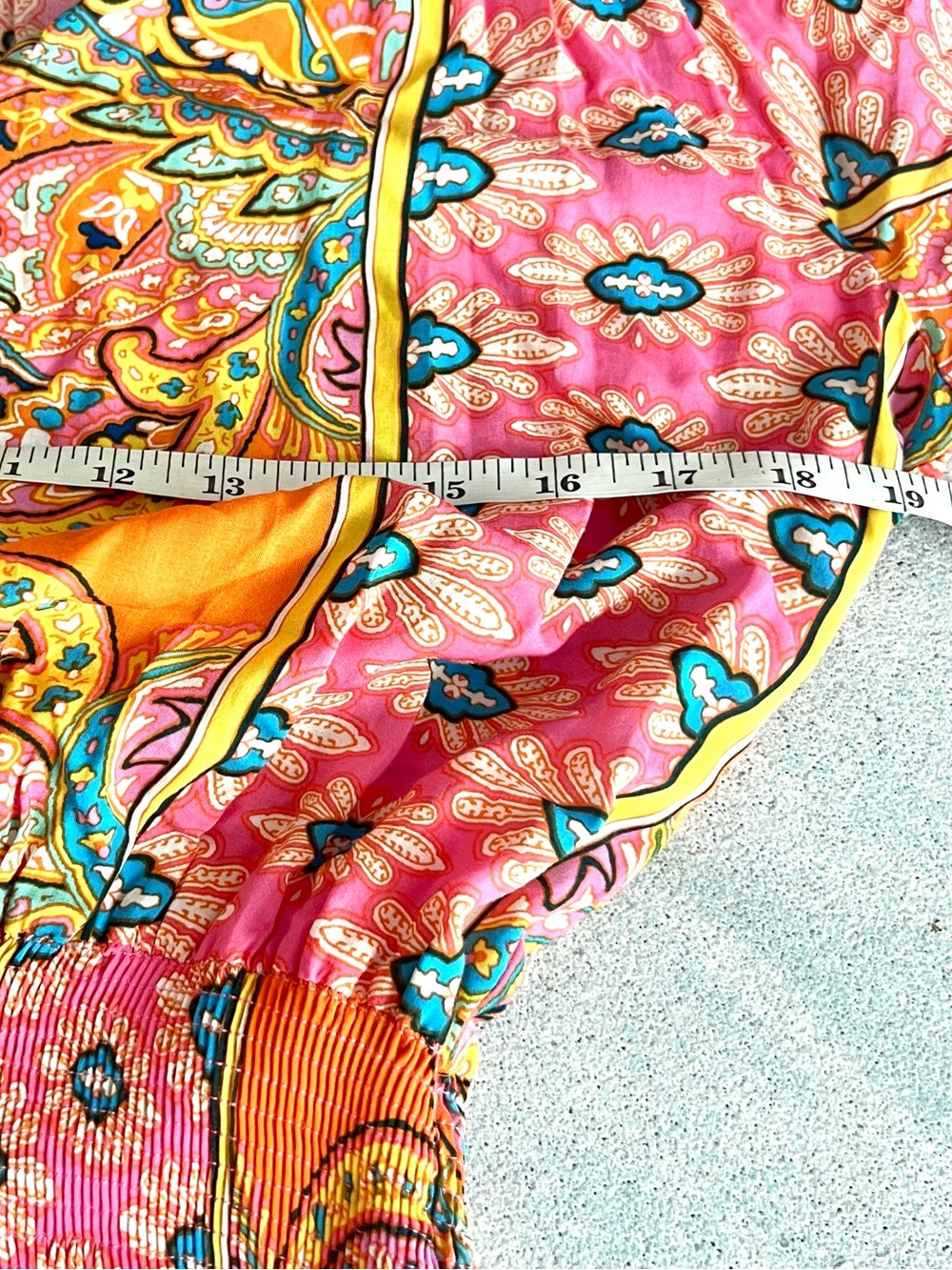 KARLIE Pink Orange Paisley Smocked Waist Ruffle Mini Dress Pockets Size Medium - Picture 10 of 12